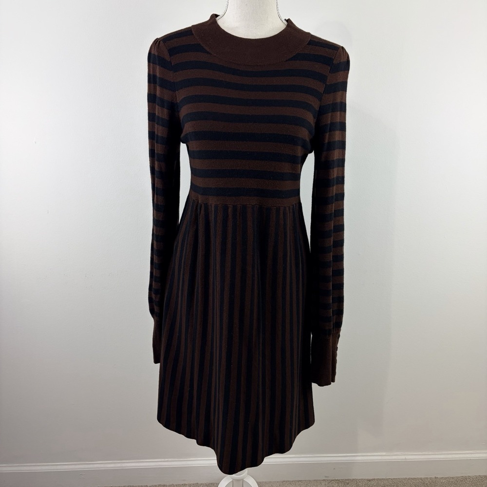 Alice + Olivia Brown Black Striped Knit Sweater Dress Medium Wool Chic
